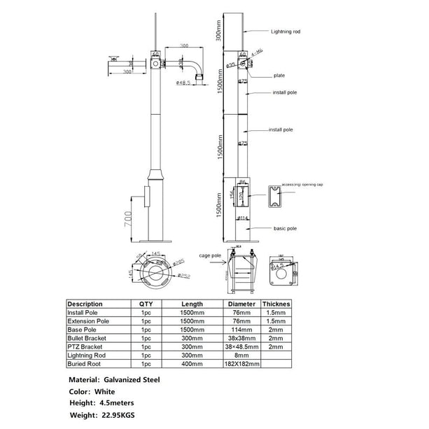 AlarmsysteemExpert.nl Camera Pole 4.5 m, Anthracite Gray, Galvanized Steel, Lightning Rod