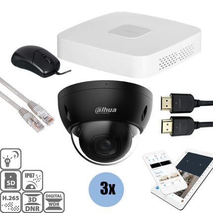 Dahua Black kit 3x Dome 4MP + Recorder & Bekabeling
