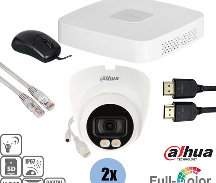 Dahua Dahua Set 2x Turret Full-Color 4MP + Recorder & Bekabeling