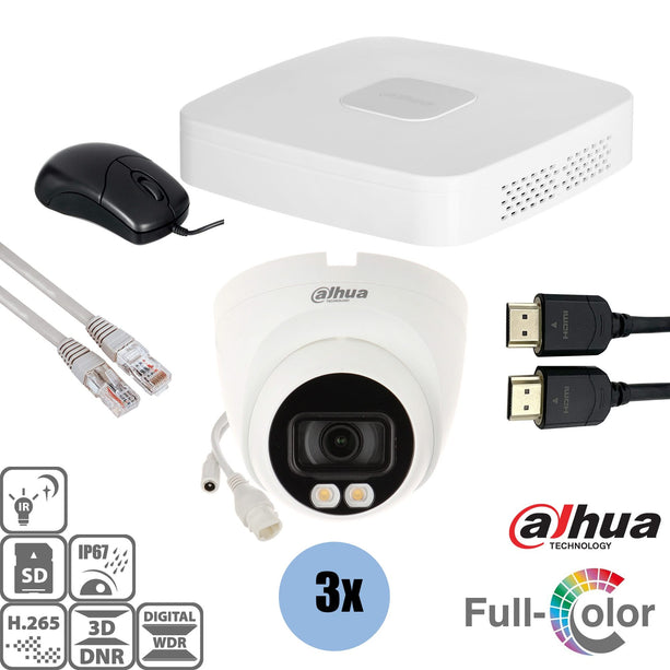 Dahua Dahua Set 3x Turret Full-Color 4MP + Recorder & Cabling