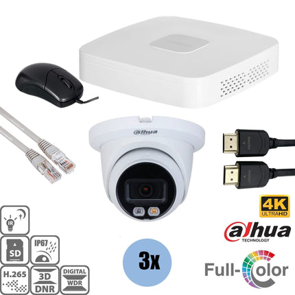 Dahua Dahua Set 4x Turret 8MP 4K Full-Color + Recorder & Cabling