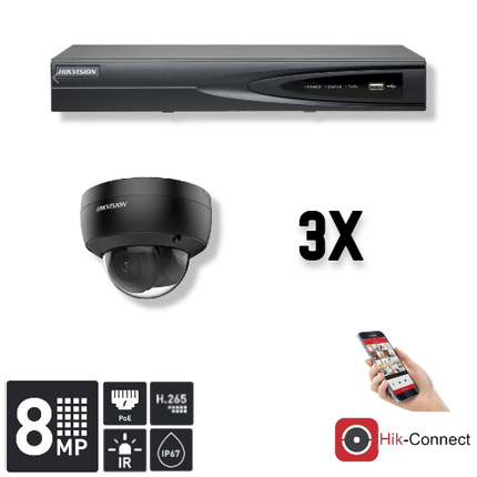 Hikvision Set 3x Dome 8MP + inspelare & kablage