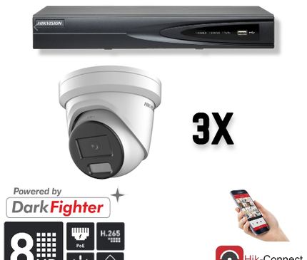 Hikvision Hikvision Set 3x Turret 8MP + inspelare & kablage