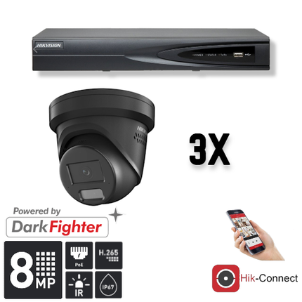 Hikvision Hikvision Set 3x Turret 8MP + inspelare & kablage