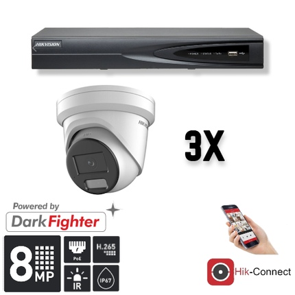 Hikvision Set 3x Turret 8MP + Recorder & Bekabeling