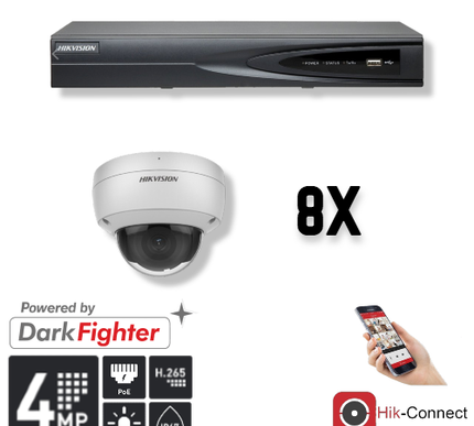 Hikvision Set 8x Dome 4MP + Recorder & Bekabeling