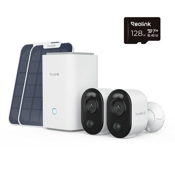 Reolink Home Hub1 met 2x Reolink B350 8MP camera's en 2x zonnepaneel, 1x 128GB Sd-kaart